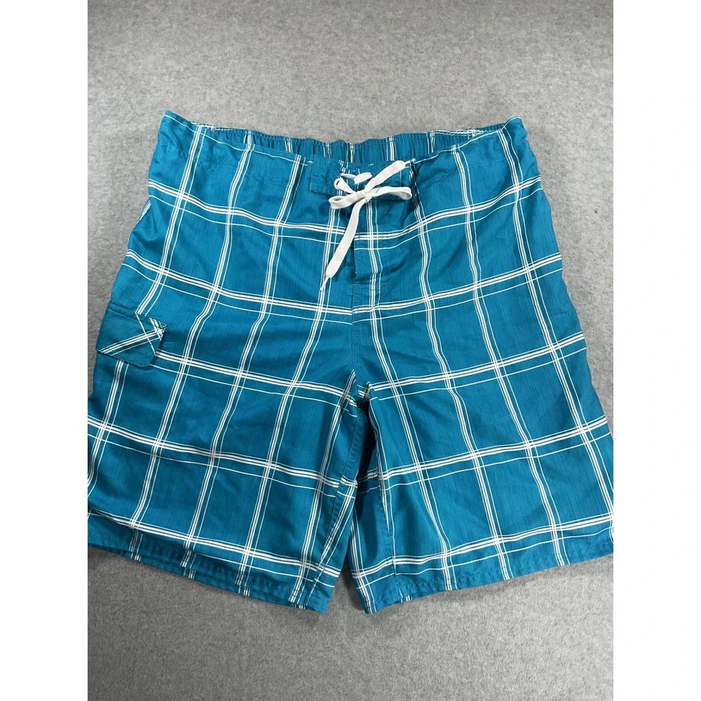 OP Mens Swim Trunks XL Blue Plaid Board Shorts Mesh Lined Cargo Pocket 2137